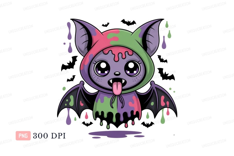 Purple bat with dripping paint pink green
