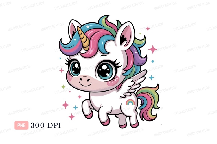 Cute winged unicorn with rainbow mane and tail pegasus