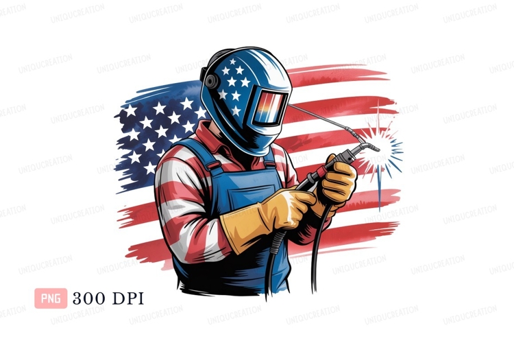 Welder working with American flag welding patriotic