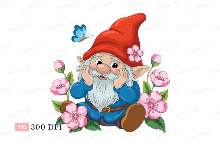 Gnome surrounded by pink blossoms and blue butterfly