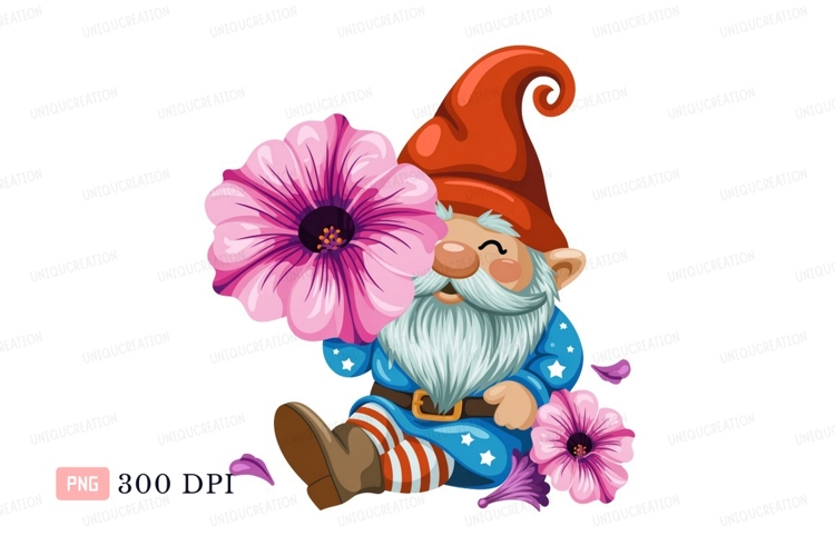 Gnome holding pink flower purple blue