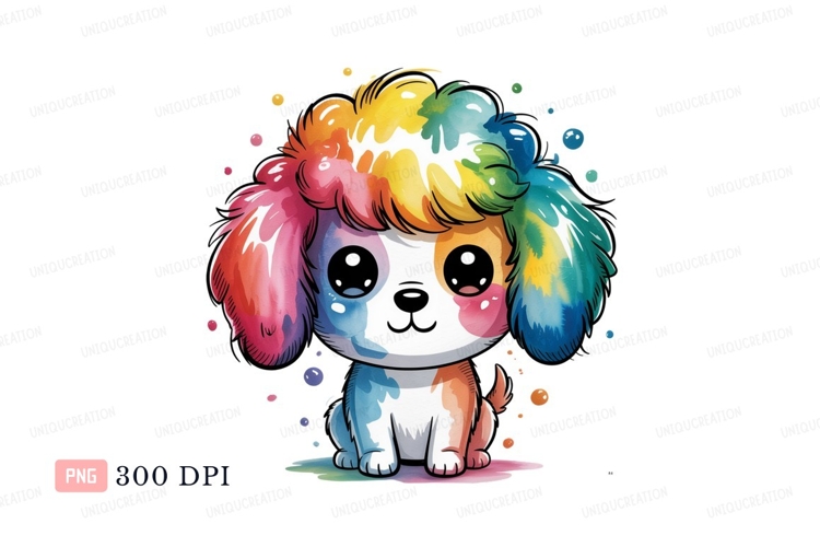 Rainbow colored fluffy puppy with big eyes colorful