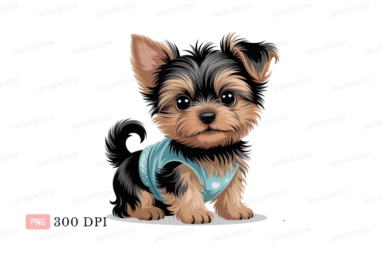 Adorable yorkshire terrier puppy wearing blue shirt