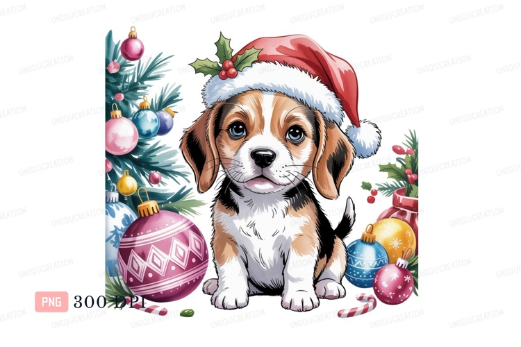 Adorable beagle puppy wearing santa hat christmas