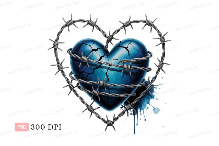 Barbed wire heart broken blue image