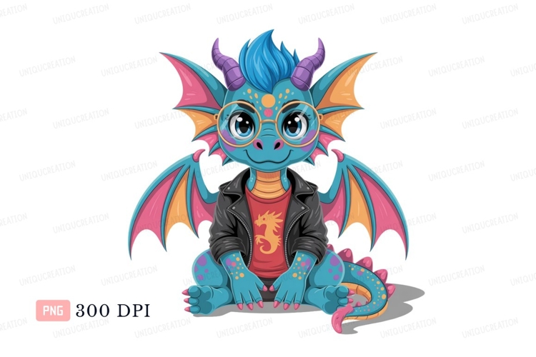 Blue dragon wearing jacket and glasses pink orange