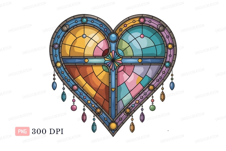 Heart shaped stained glass window with colorful panels example image 1
