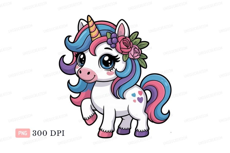 Cute unicorn with colorful mane and flowers fantasy