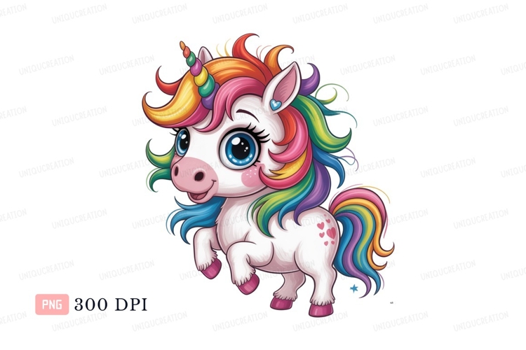 Cute rainbow unicorn with big blue eyes magic fantasy