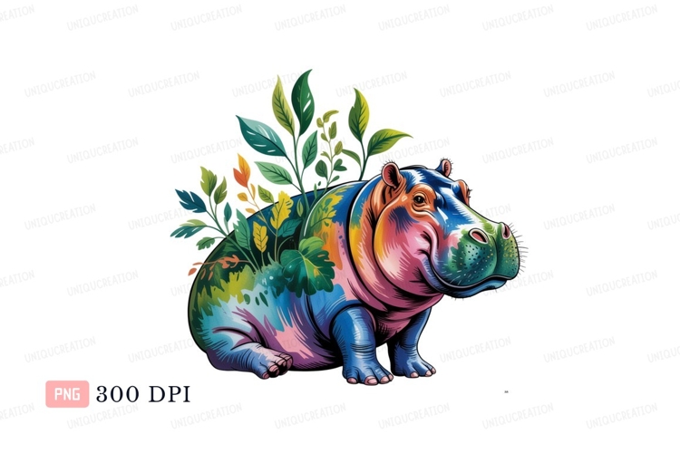 Colorful hippopotamus with foliage plants green