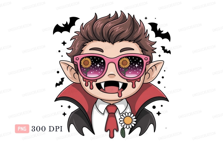 Vampire wearing sunglasses with flowers stars night