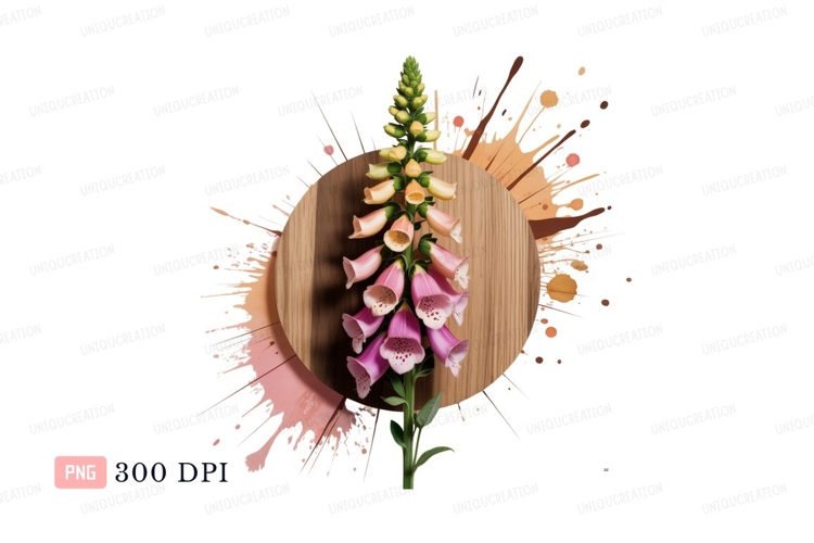 Pink foxglove flower on wood yellow green