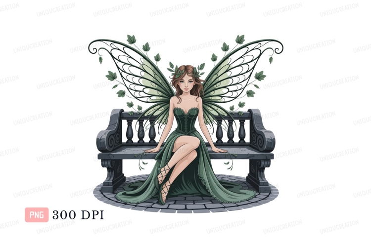 Green fairy sitting on stone bench wings