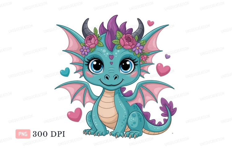 Cute teal dragon with pink flowers and hearts purple