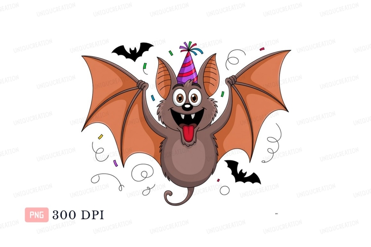 Happy bat wearing party hat cartoon confetti
