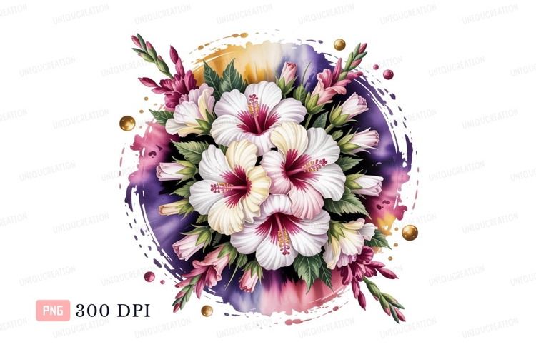 White hibiscus floral arrangement pink purple