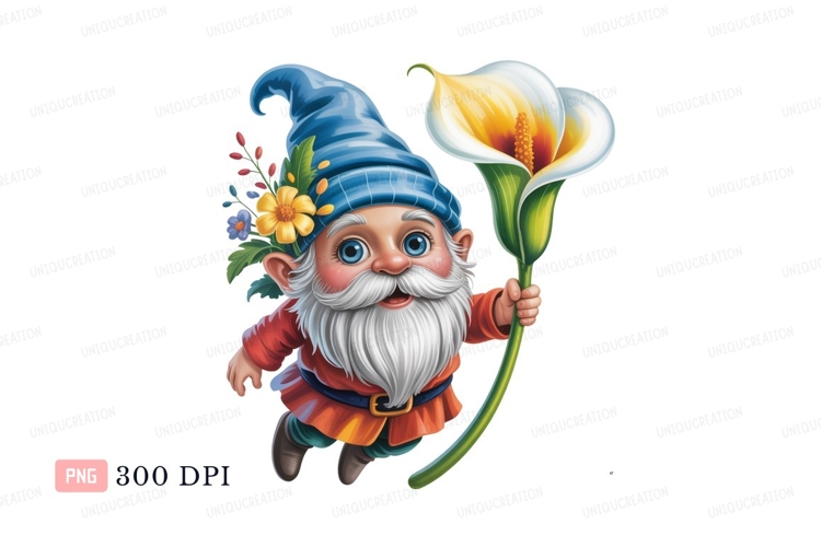 Cheerful gnome holding calla lily blue orange