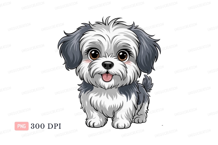 Fluffy white and grey dog with big brown eyes puppy