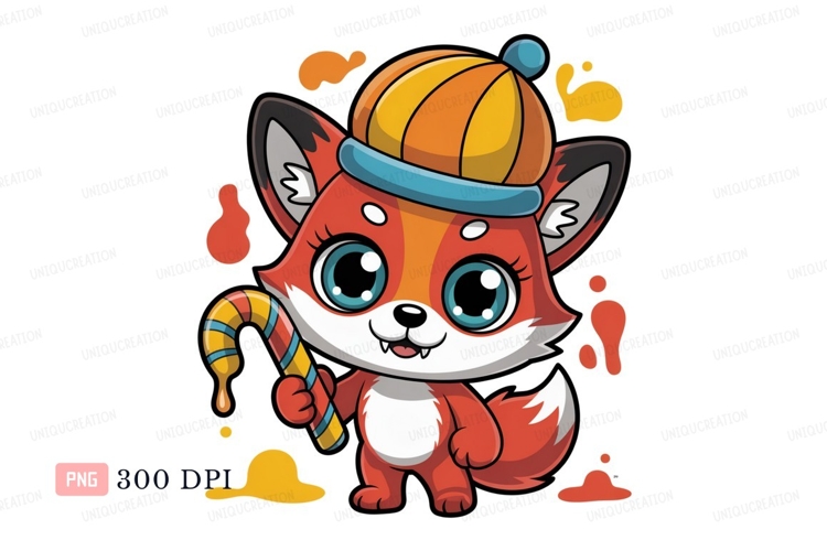 Cute fox wearing hat holding candy cane cartoon animal