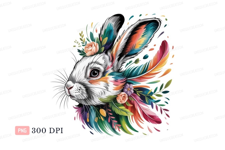Colorful rabbit adorned with feathers and flowers bunny