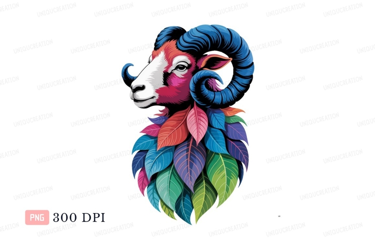 Colorful Ram Head With Leaves blue