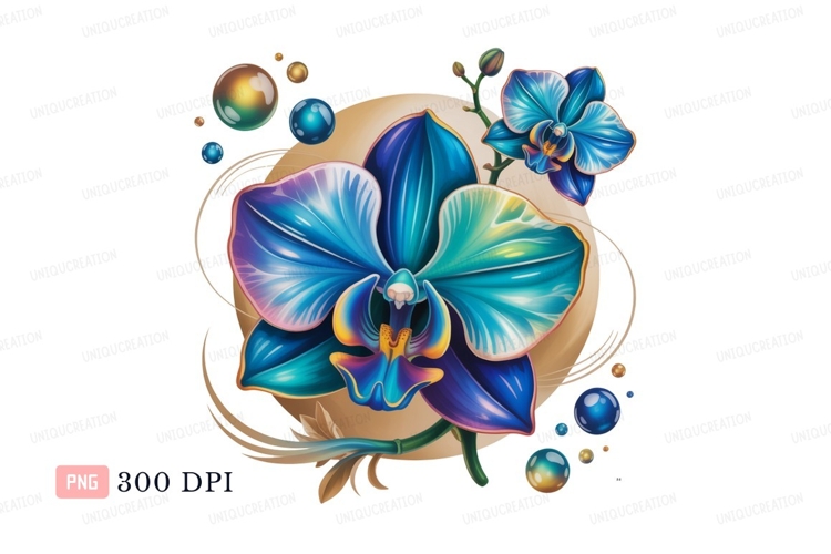 Blue orchid with iridescent bubbles teal purple