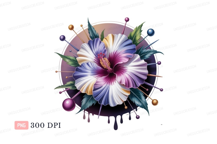 Vibrant hibiscus flower with colorful petals and leaves
