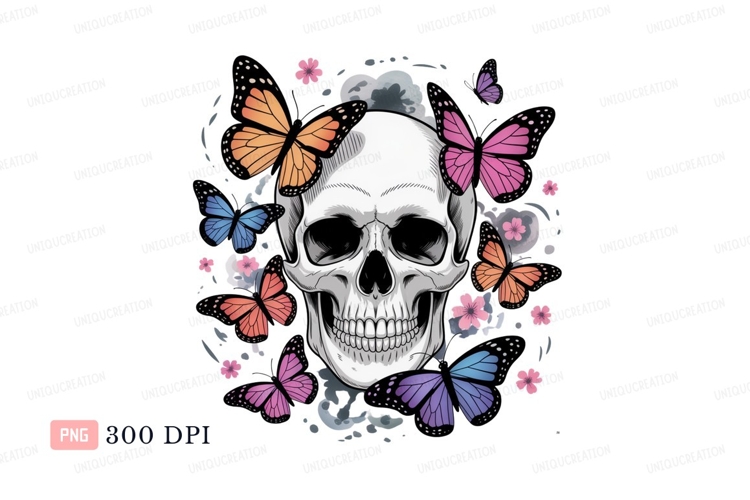 Skull butterflies flowers pink orange