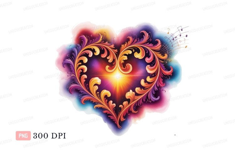 Ornate Heart With Musical Notes swirls flourish