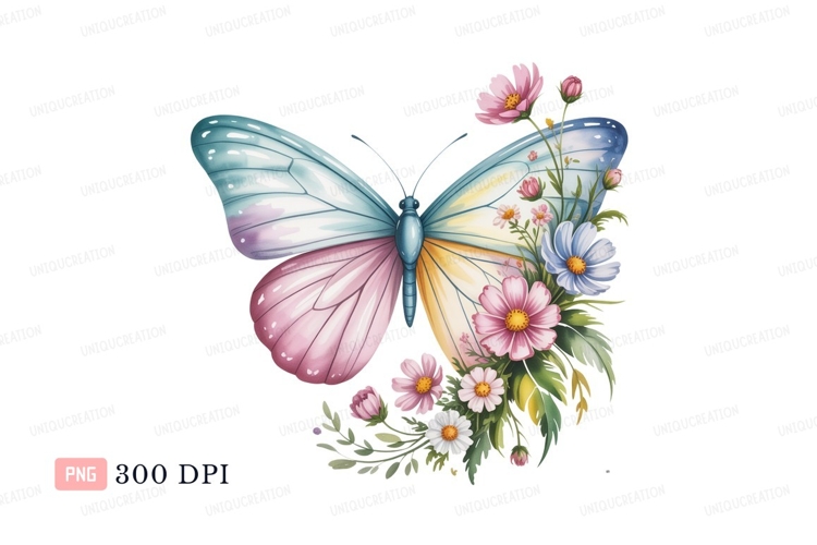 Pastel butterfly with floral accents pink blue
