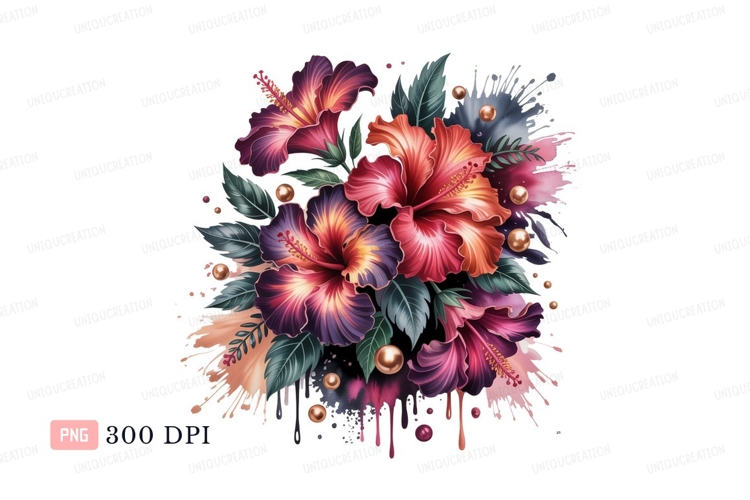 Vibrant hibiscus floral arrangement with golden accents