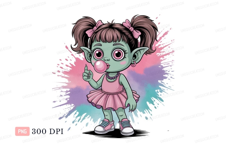 Green goblin girl blowing pink bubblegum cartoon