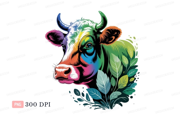 Colorful cow with green foliage bull animal