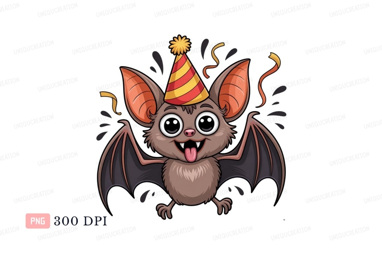 Happy bat wearing party hat cartoon celebration