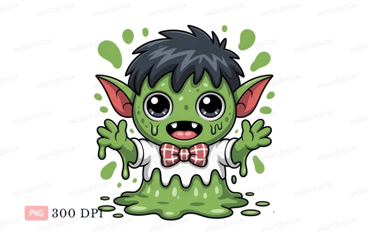 Cute green slime creature with bow tie cartoon