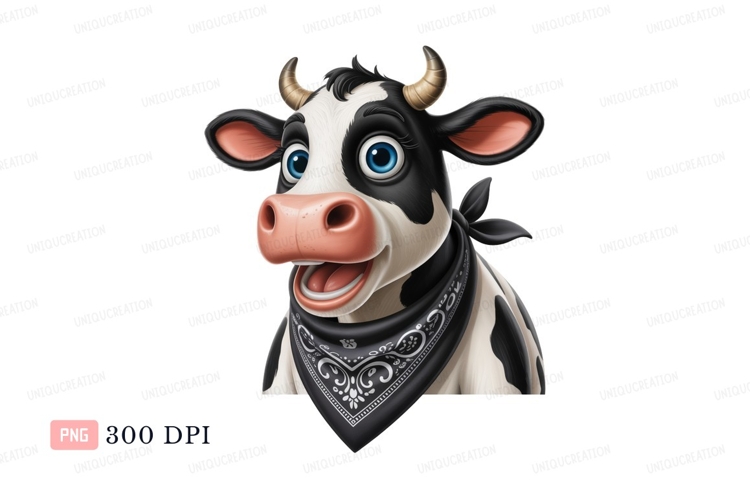 Cheerful cartoon cow wearing bandana black white