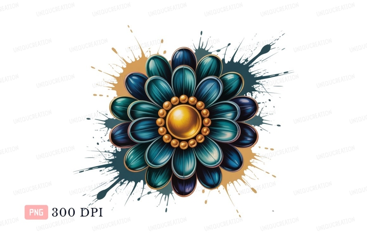 Teal blue flower gold center splatter image