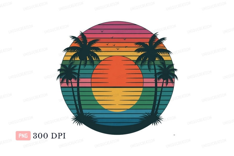Sunset palms ocean horizon retro
