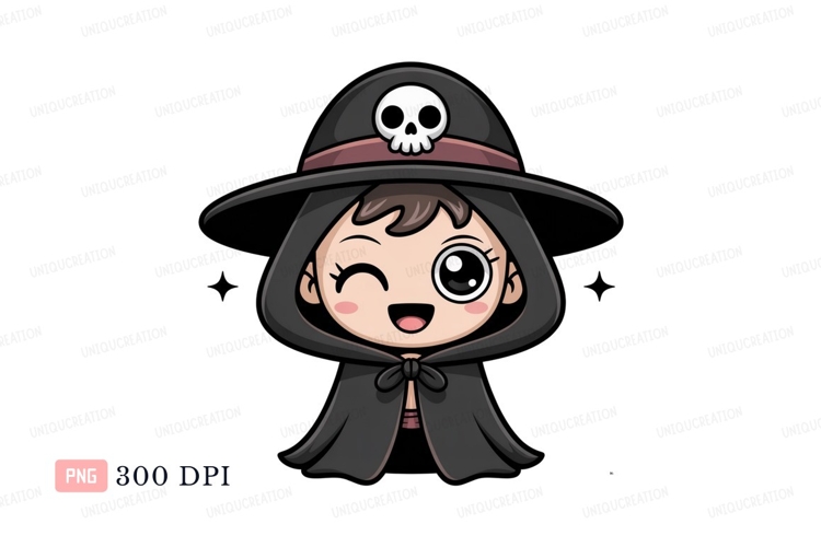 Cute witch winking with skull hat cloak