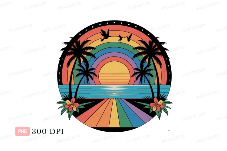 Tropical sunset rainbow beach scene ocean palm