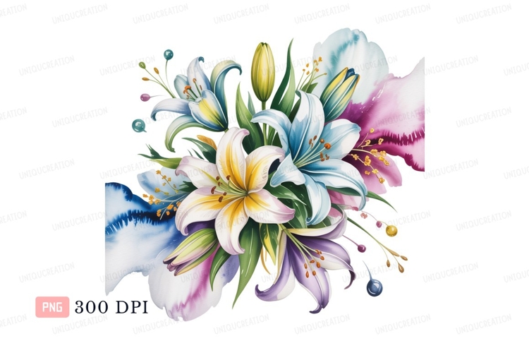 Lilies bouquet watercolor floral arrangement white