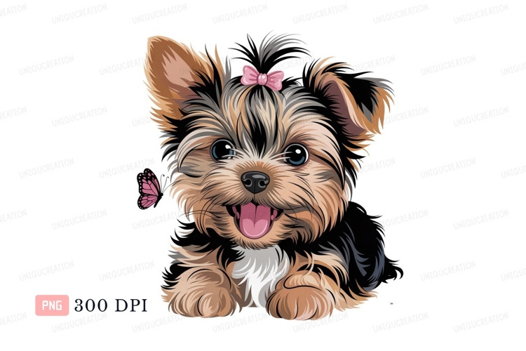 Adorable yorkshire terrier with pink bow and butterfly