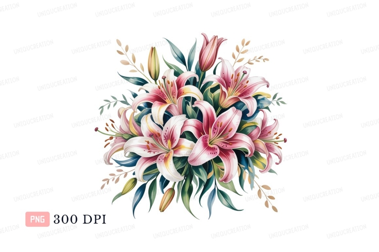 Pink white lilies floral bouquet green leaves