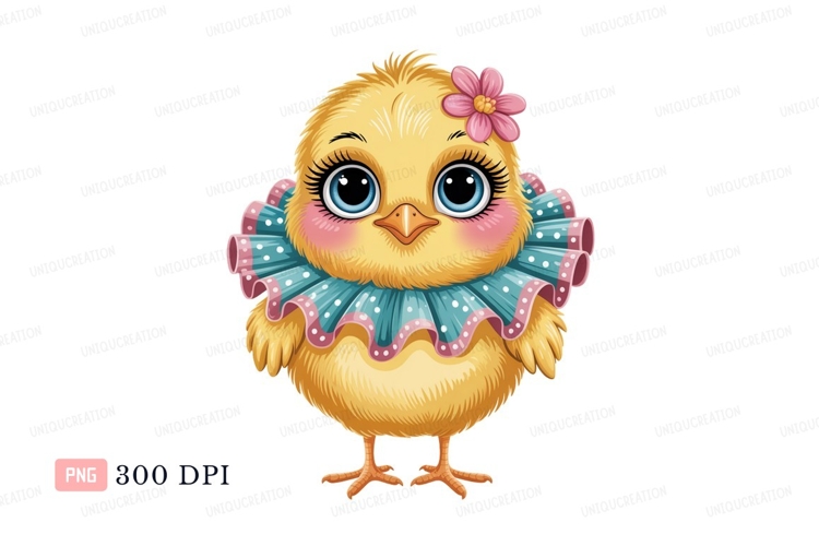 Fluffy chick with flower and frill collar yellow blue
