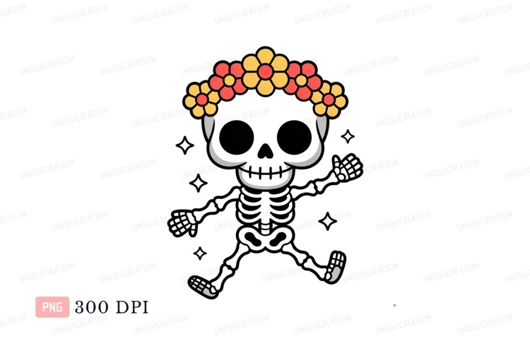 Dancing skeleton wearing flower crown celebration