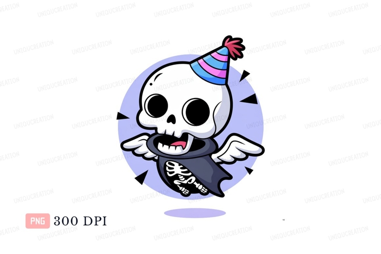Cute skeleton flying with wings and party hat image