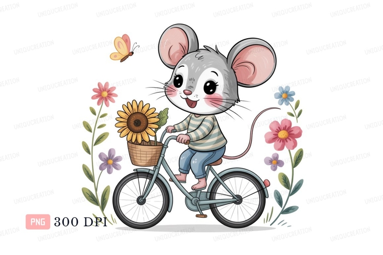 Cute mouse riding bicycle with flowers sunflower butterfly