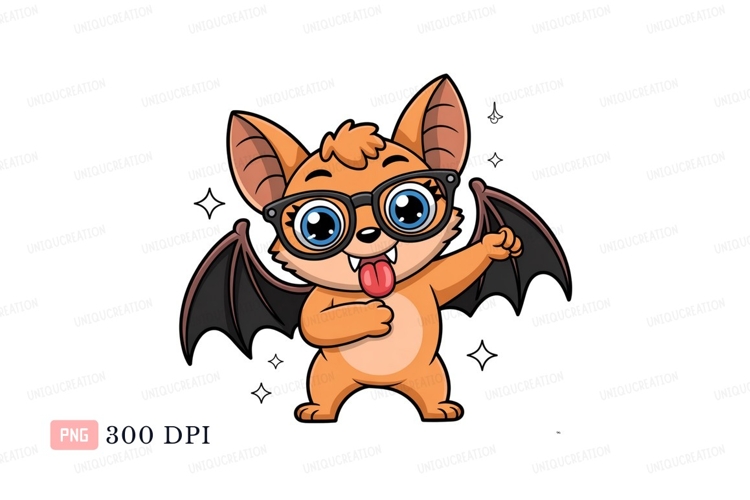 Cute bat wearing glasses sticking tongue out cartoon