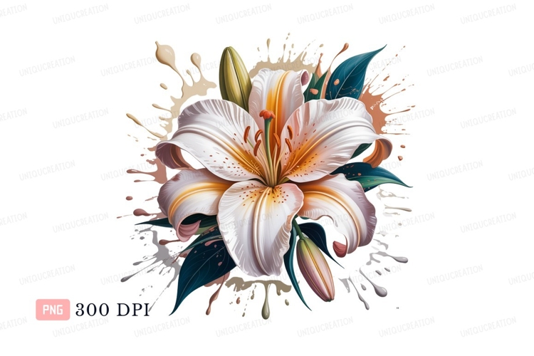 White lily with orange accents and dark leaves flower