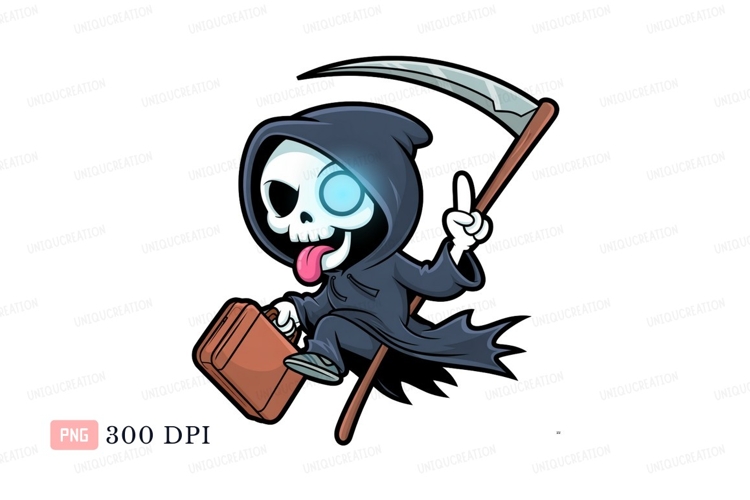 Grim Reaper carrying briefcase and scythe skeleton